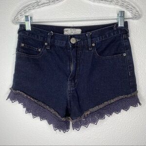 Free People Black Lace Fringed Trim Jean Denim Shorts Womens 25